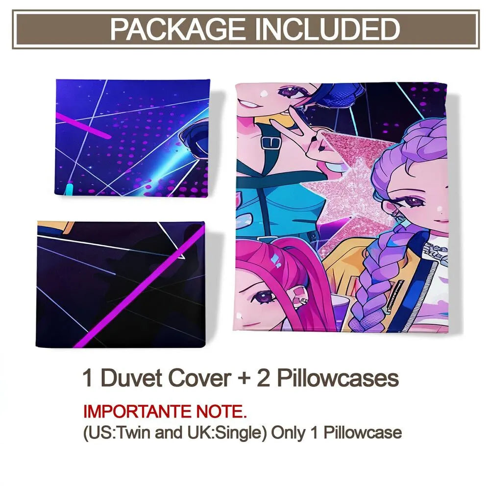 K-POP Demon Hunters Neon Anime Girl Group Bedding Set