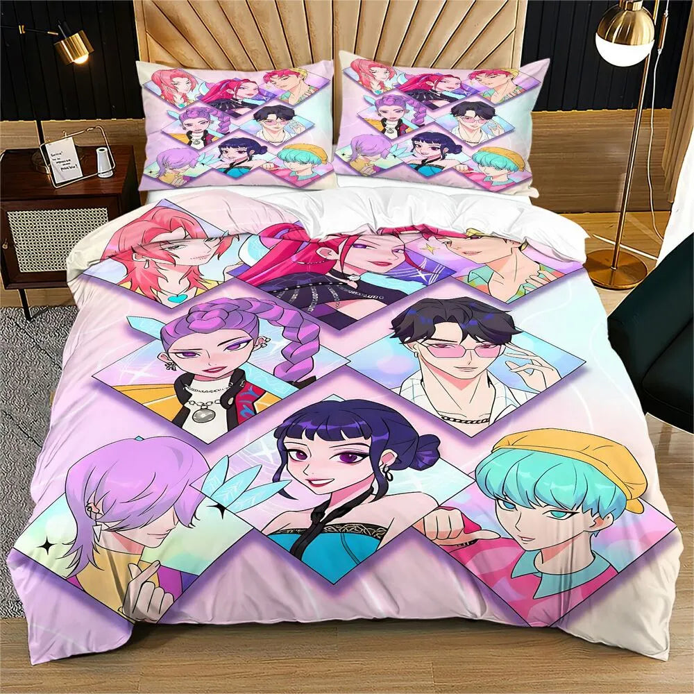 K-POP Demon Hunters Pastel Collage Anime Group Bedding Set