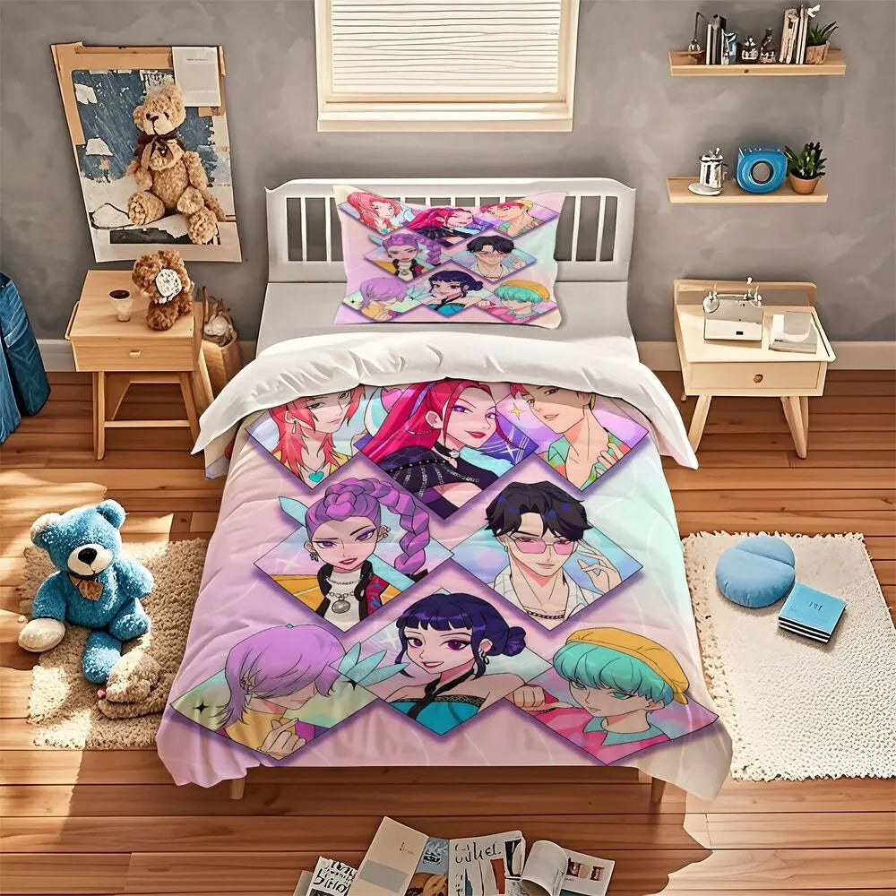 K-POP Demon Hunters Pastel Collage Anime Group Bedding Set