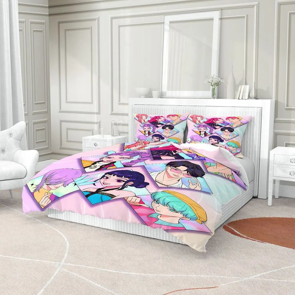 K-POP Demon Hunters Pastel Collage Anime Group Bedding Set
