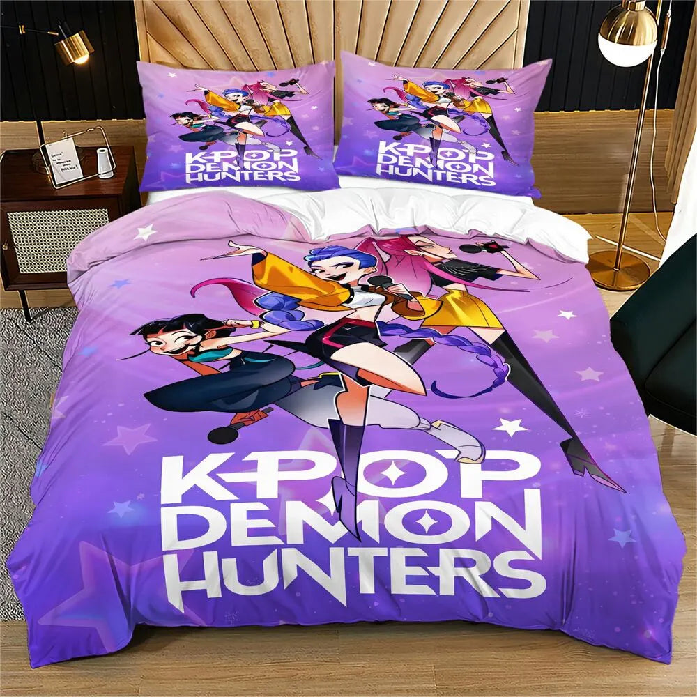 K-POP Demon Hunters Starry Purple Cartoon Bedding Set Duvet Cover and Pillowcases