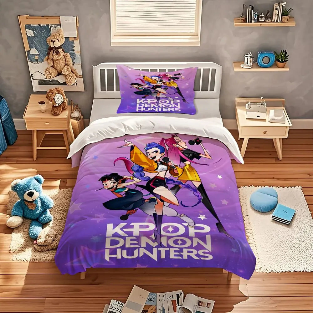 K-POP Demon Hunters Starry Purple Cartoon Bedding Set Duvet Cover and Pillowcases
