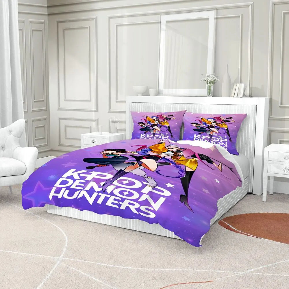 K-POP Demon Hunters Starry Purple Cartoon Bedding Set Duvet Cover and Pillowcases