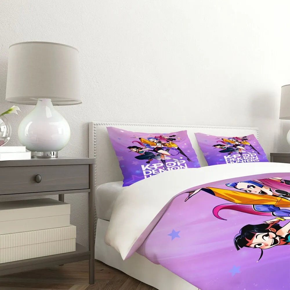 K-POP Demon Hunters Starry Purple Cartoon Bedding Set Duvet Cover and Pillowcases