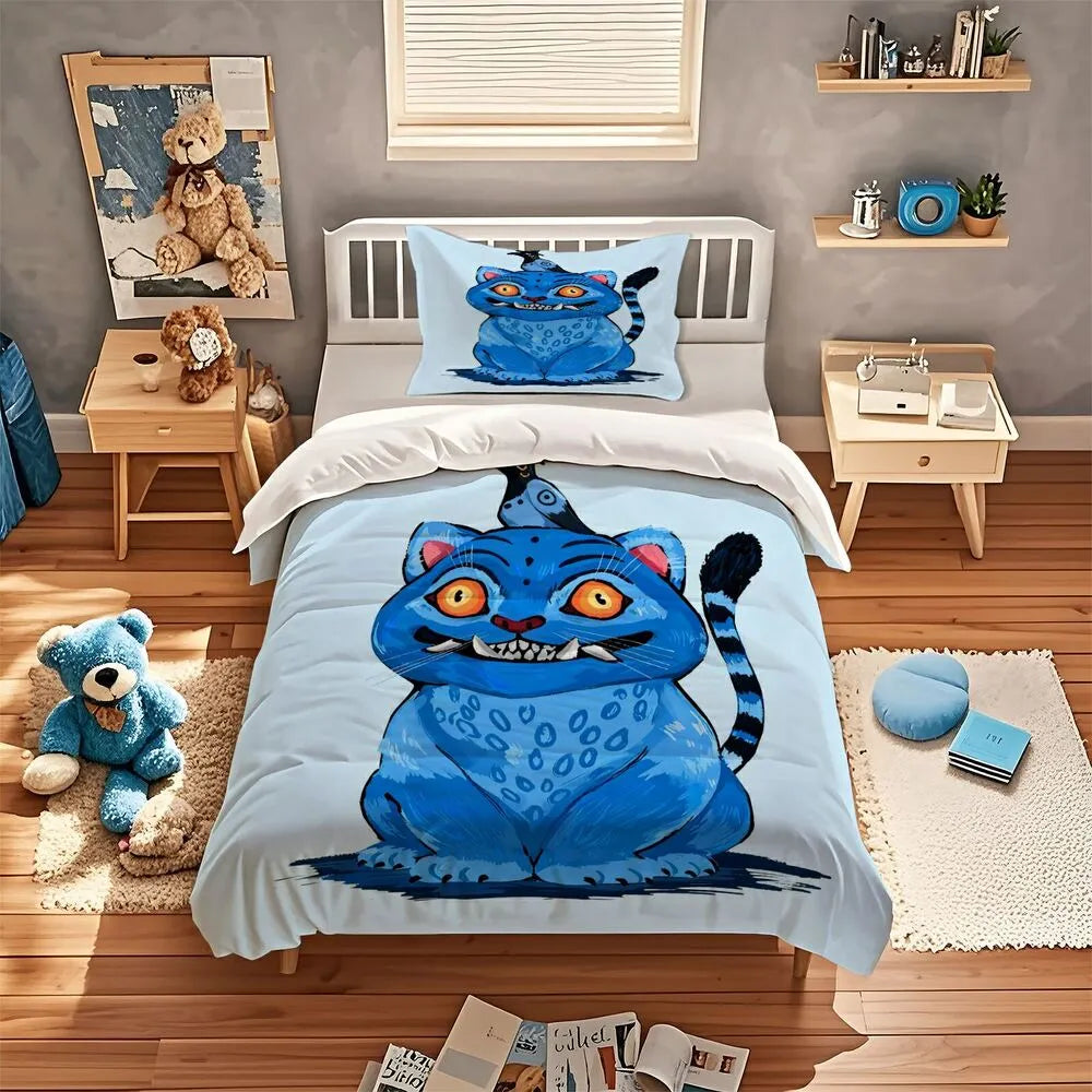K-POP Demon Hunters Style Blue Monster Cat Anime Bedding Set