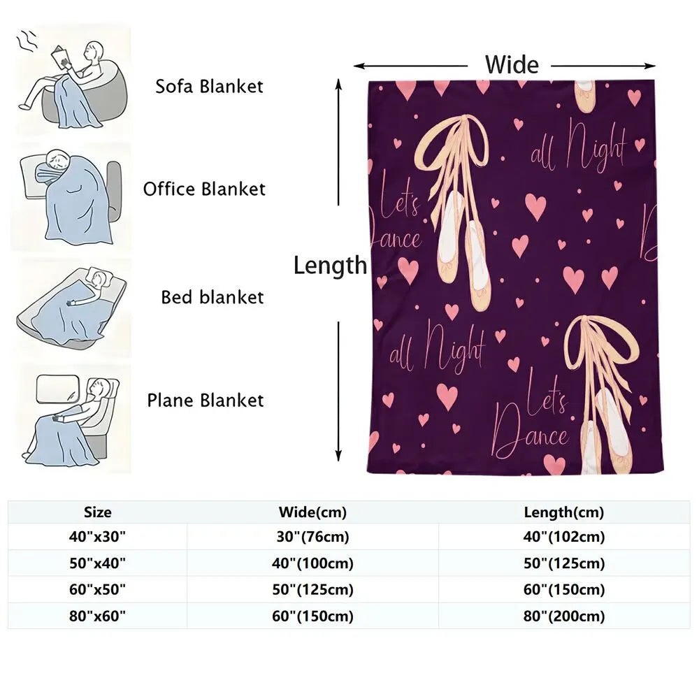 Let's Dance All Night Ballet Shoes and Hearts Pattern Multipurpose Throw Blanket