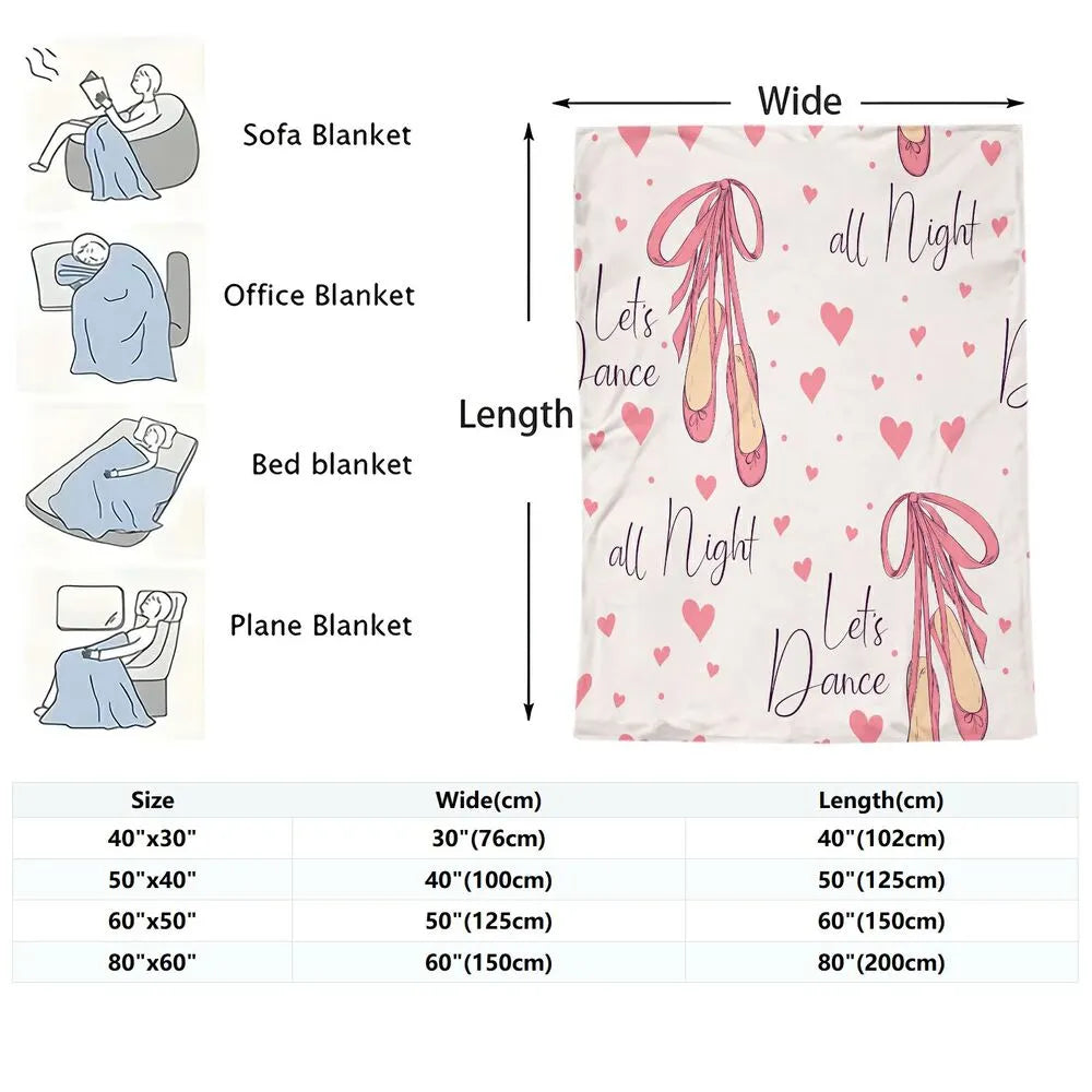 Let's Dance All Night Ballet Shoes and Hearts Pattern Multipurpose Throw Blanket