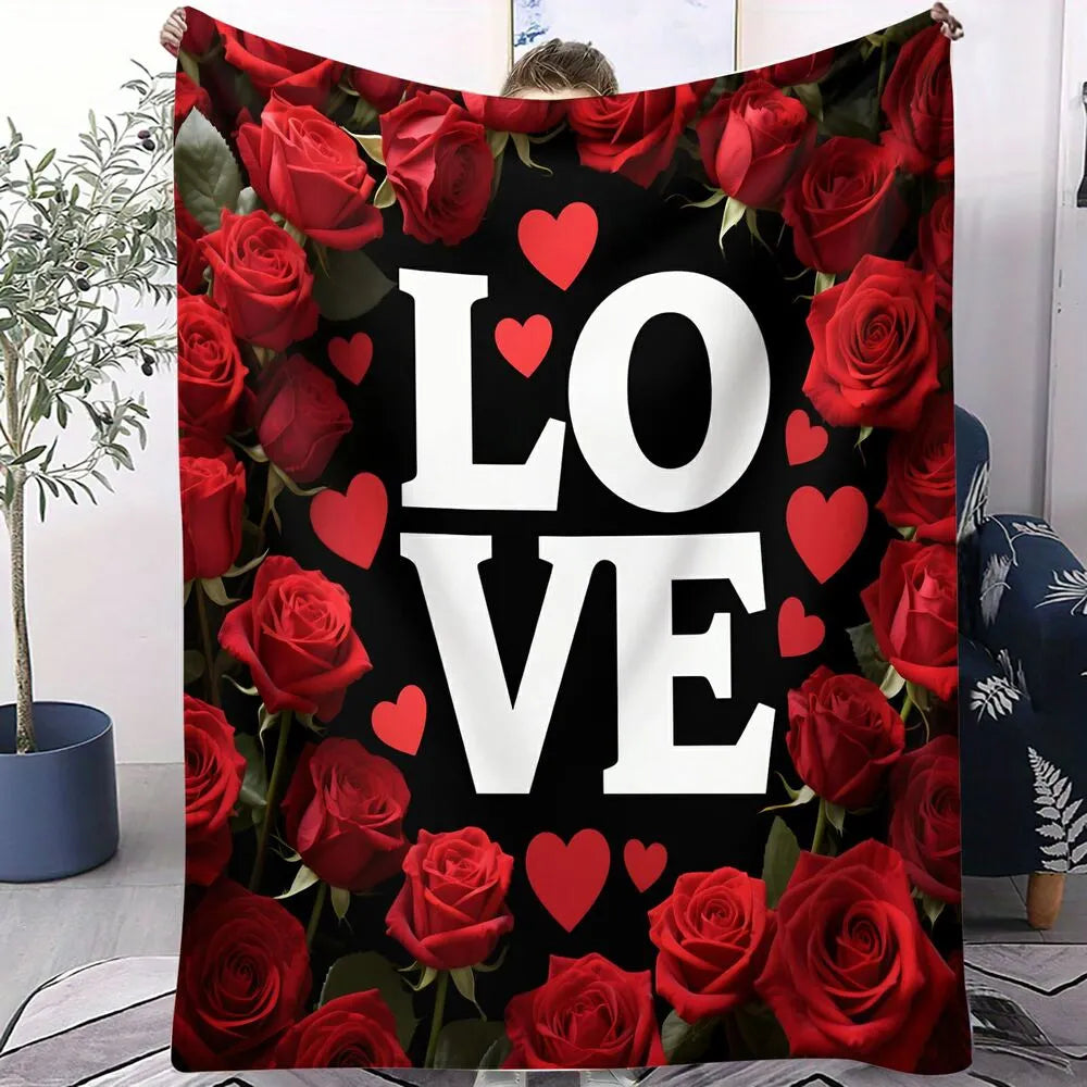 Love with Red Roses and Hearts Multipurpose Throw Blanket