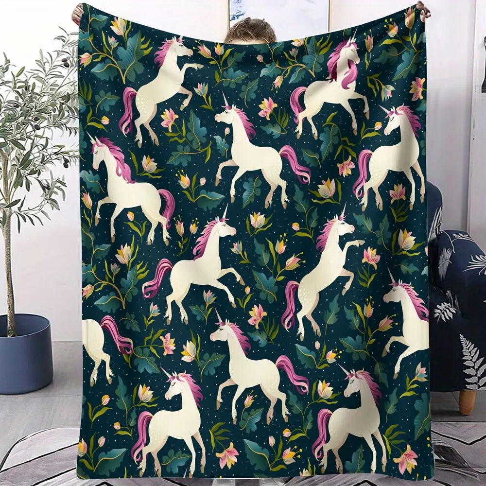 Magical Unicorn and Floral Pattern Multipurpose Throw Blanket