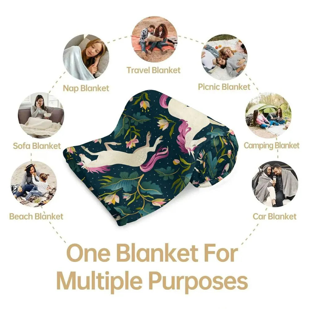 Magical Unicorn and Floral Pattern Multipurpose Throw Blanket