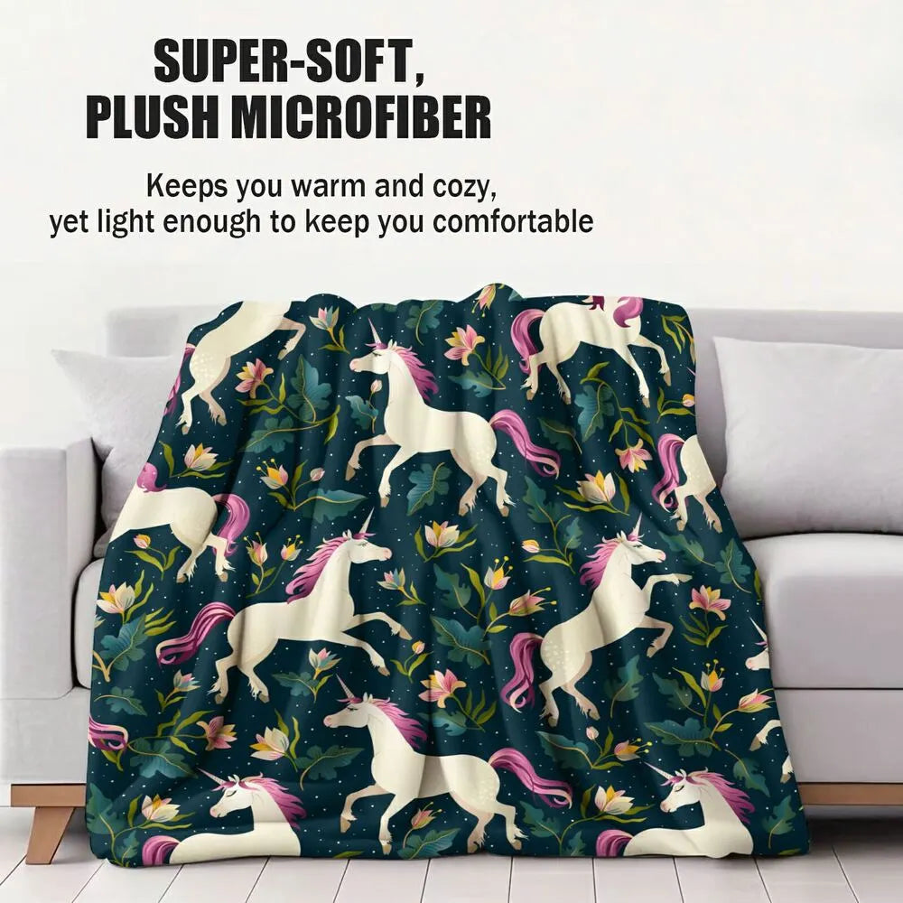 Magical Unicorn and Floral Pattern Multipurpose Throw Blanket
