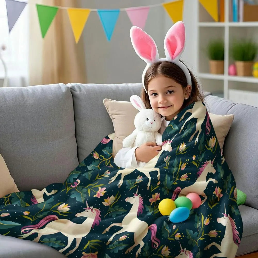 Magical Unicorn and Floral Pattern Multipurpose Throw Blanket