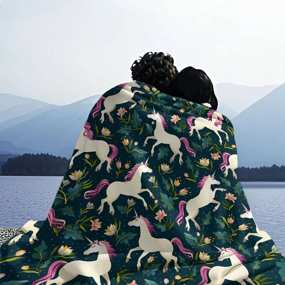 Magical Unicorn and Floral Pattern Multipurpose Throw Blanket