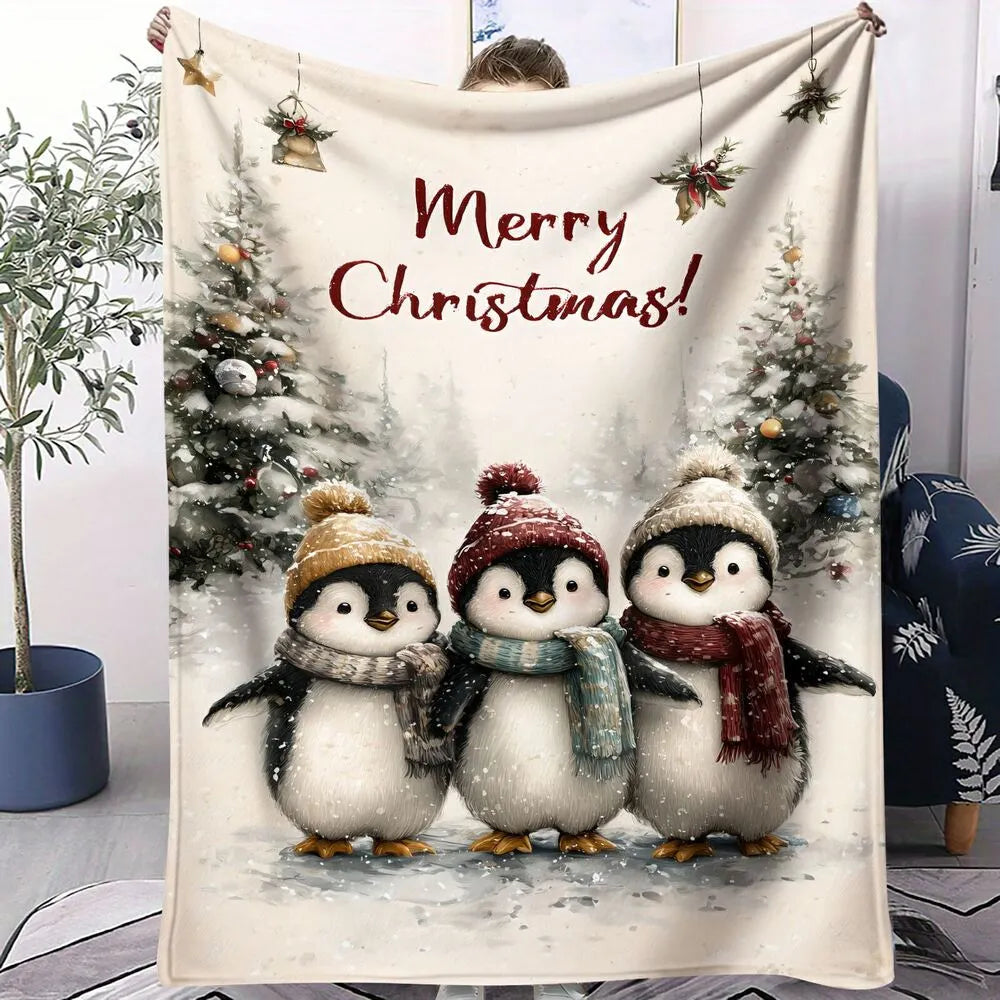 Merry Christmas Penguins Pattern Multipurpose Throw Blanket