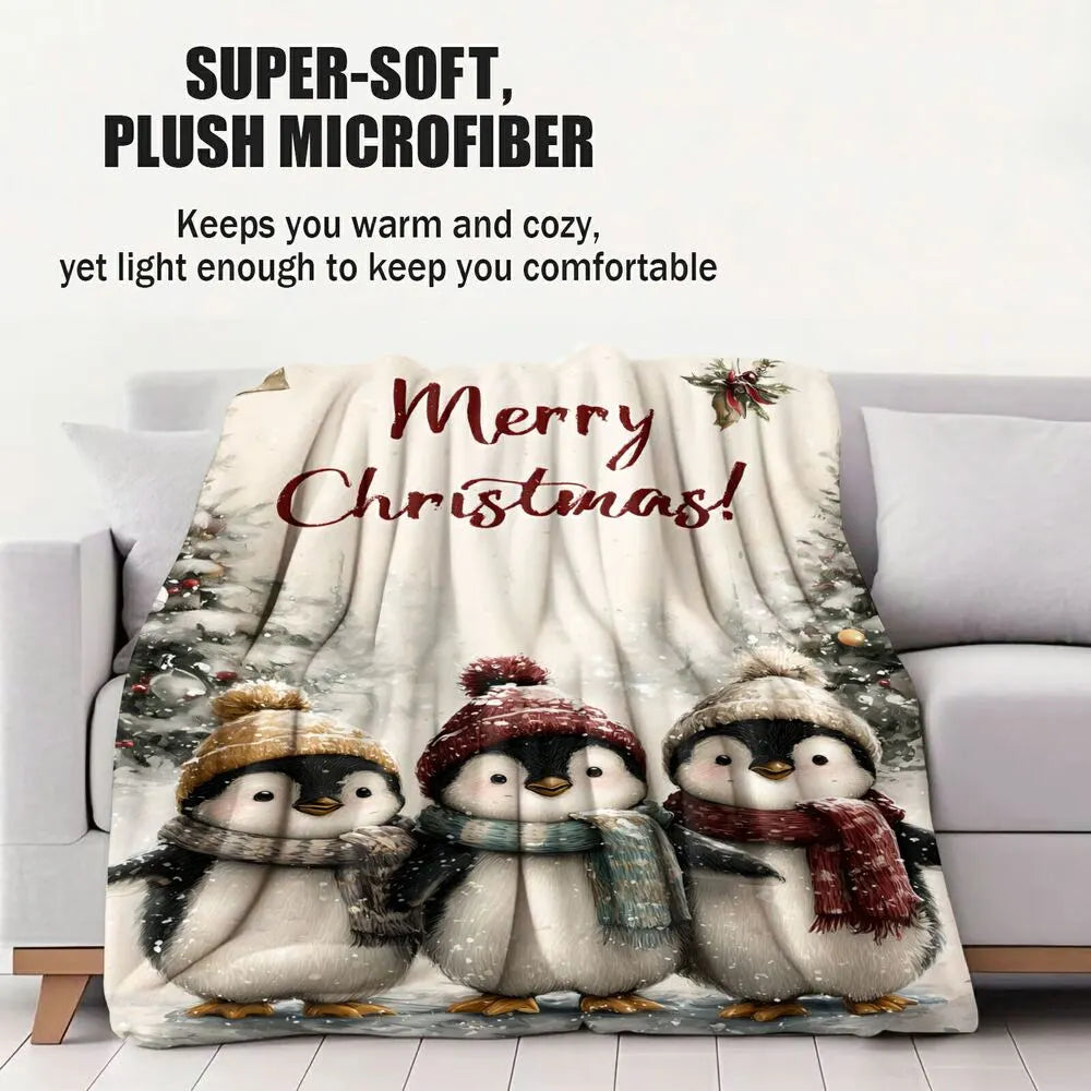 Merry Christmas Penguins Pattern Multipurpose Throw Blanket