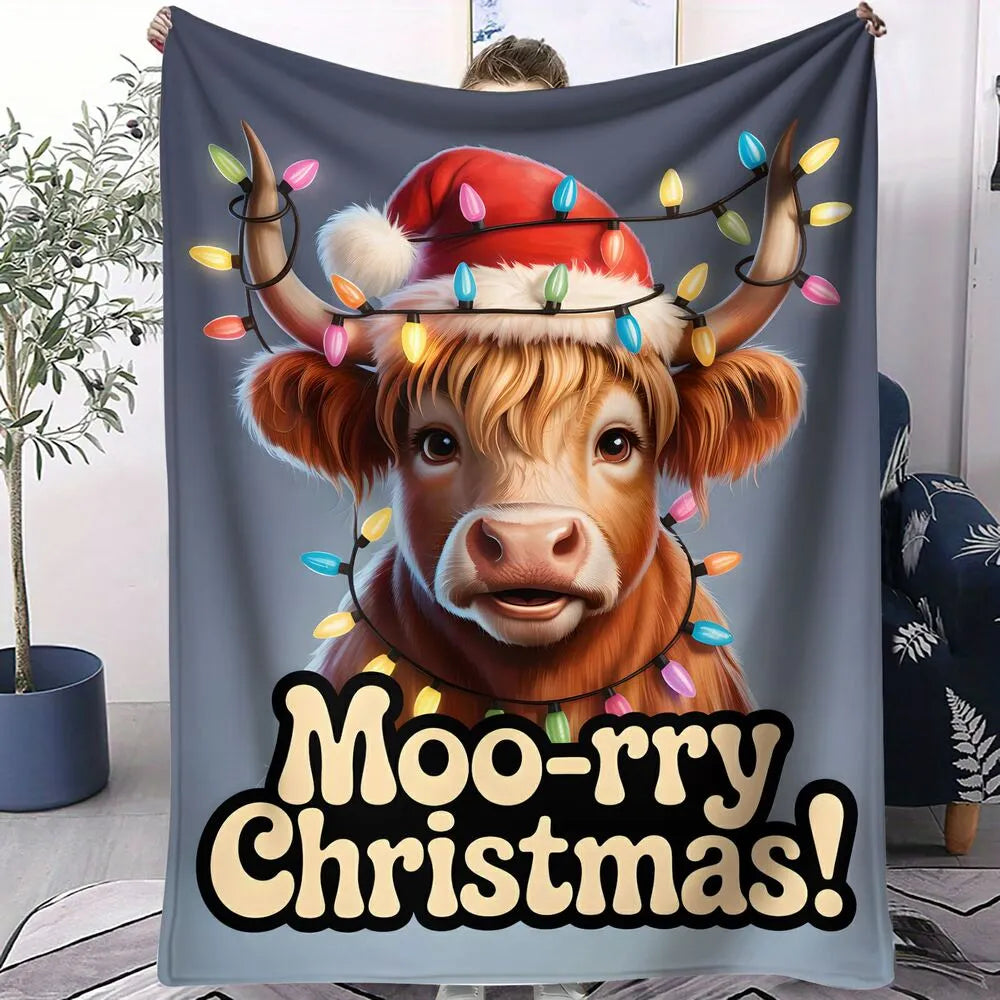Moo - rry Christmas Highland Cow Pattern Multipurpose Throw Blanket
