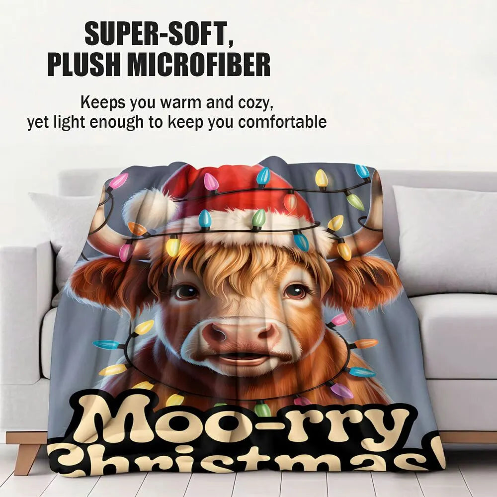 Moo - rry Christmas Highland Cow Pattern Multipurpose Throw Blanket