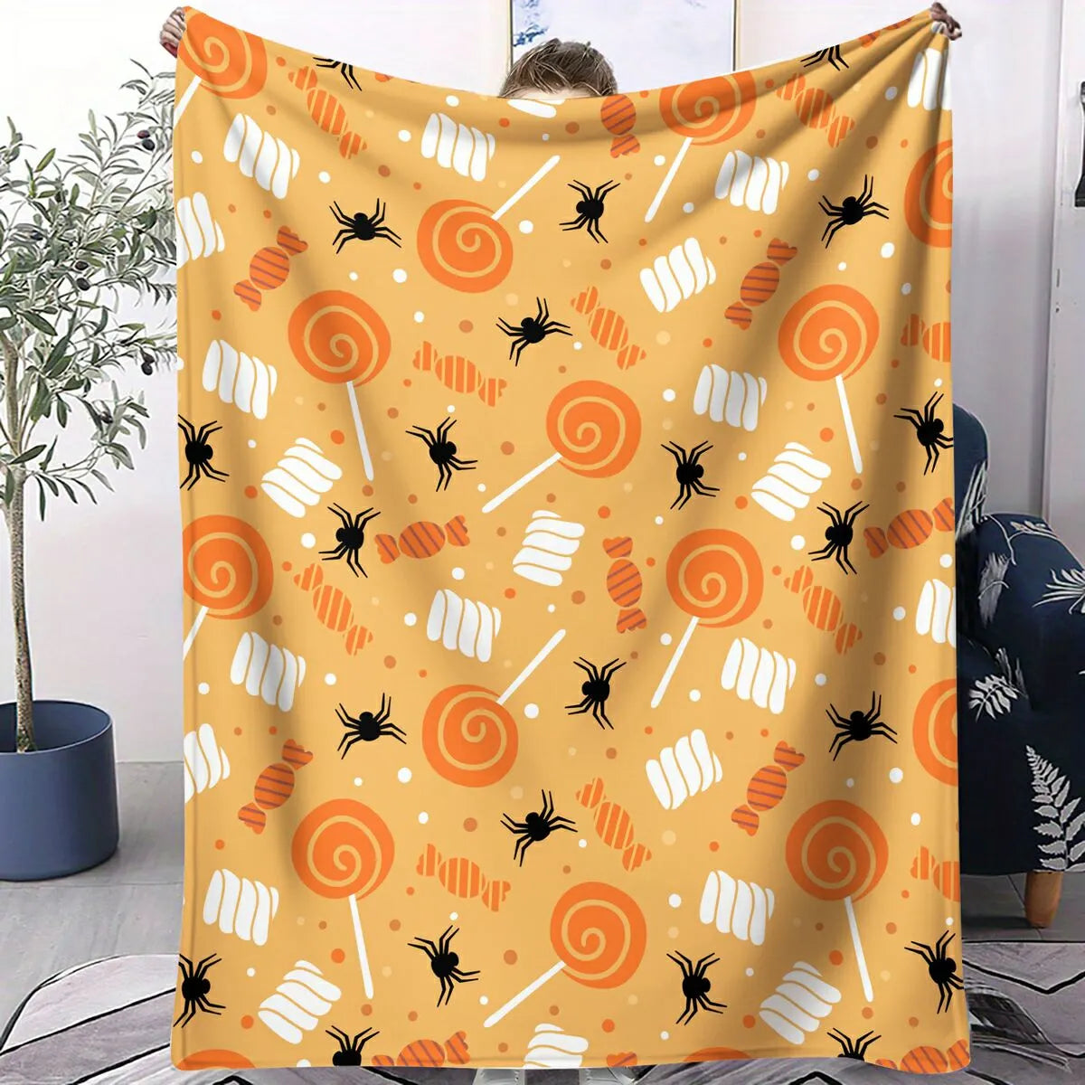 Multifunctional Halloween Candy Spider Flannel Throw Blanket