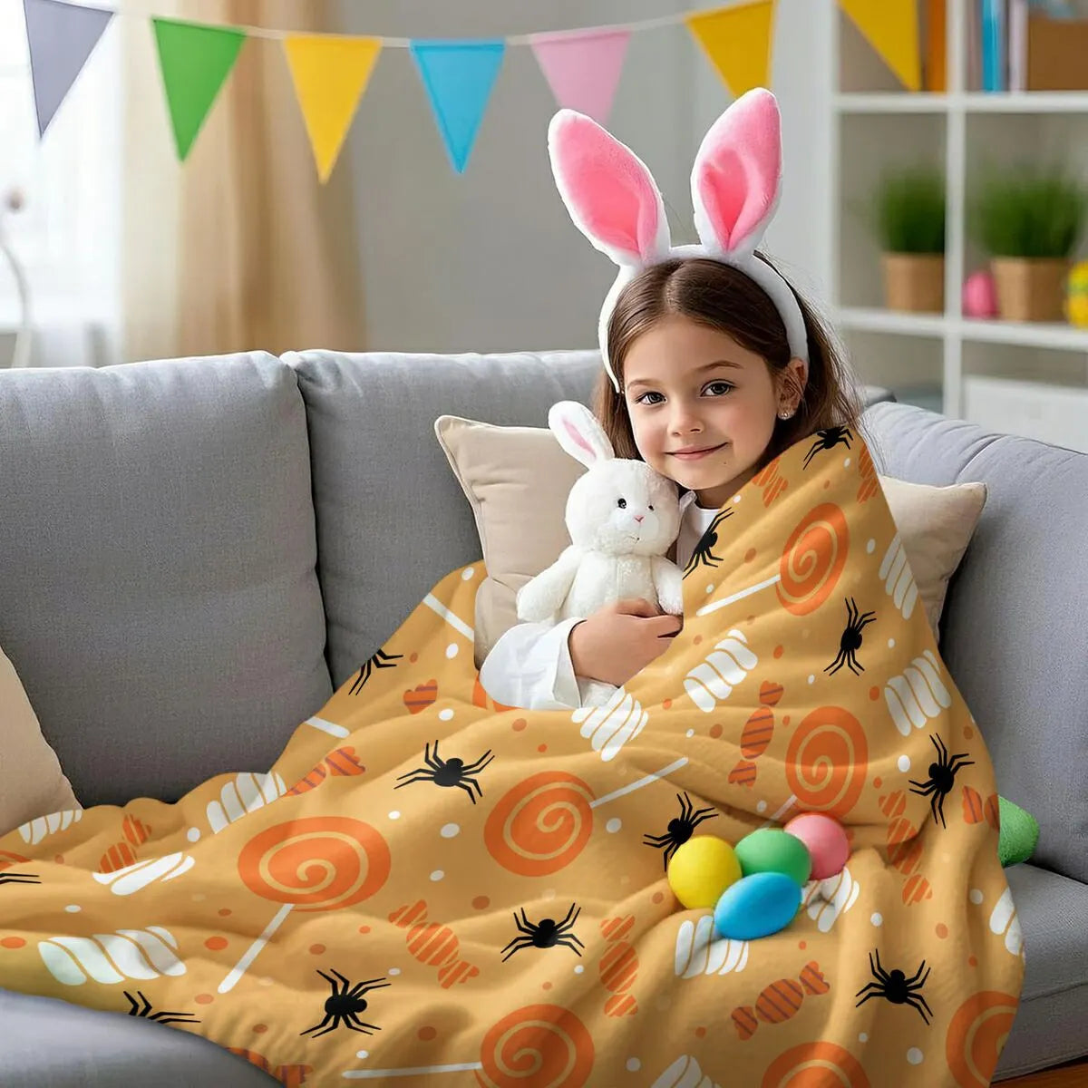 Multifunctional Halloween Candy Spider Flannel Throw Blanket