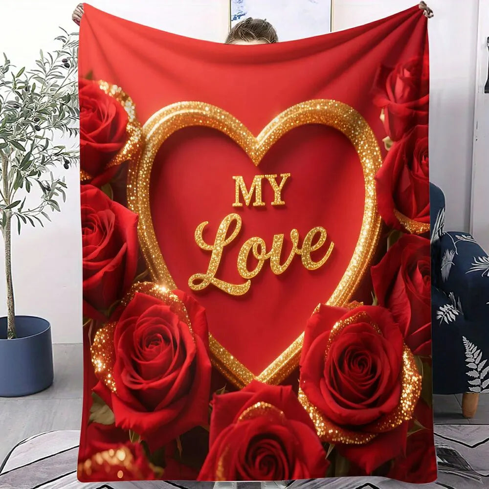"My Love" Red Rose & Heart Multipurpose Throw Blanket
