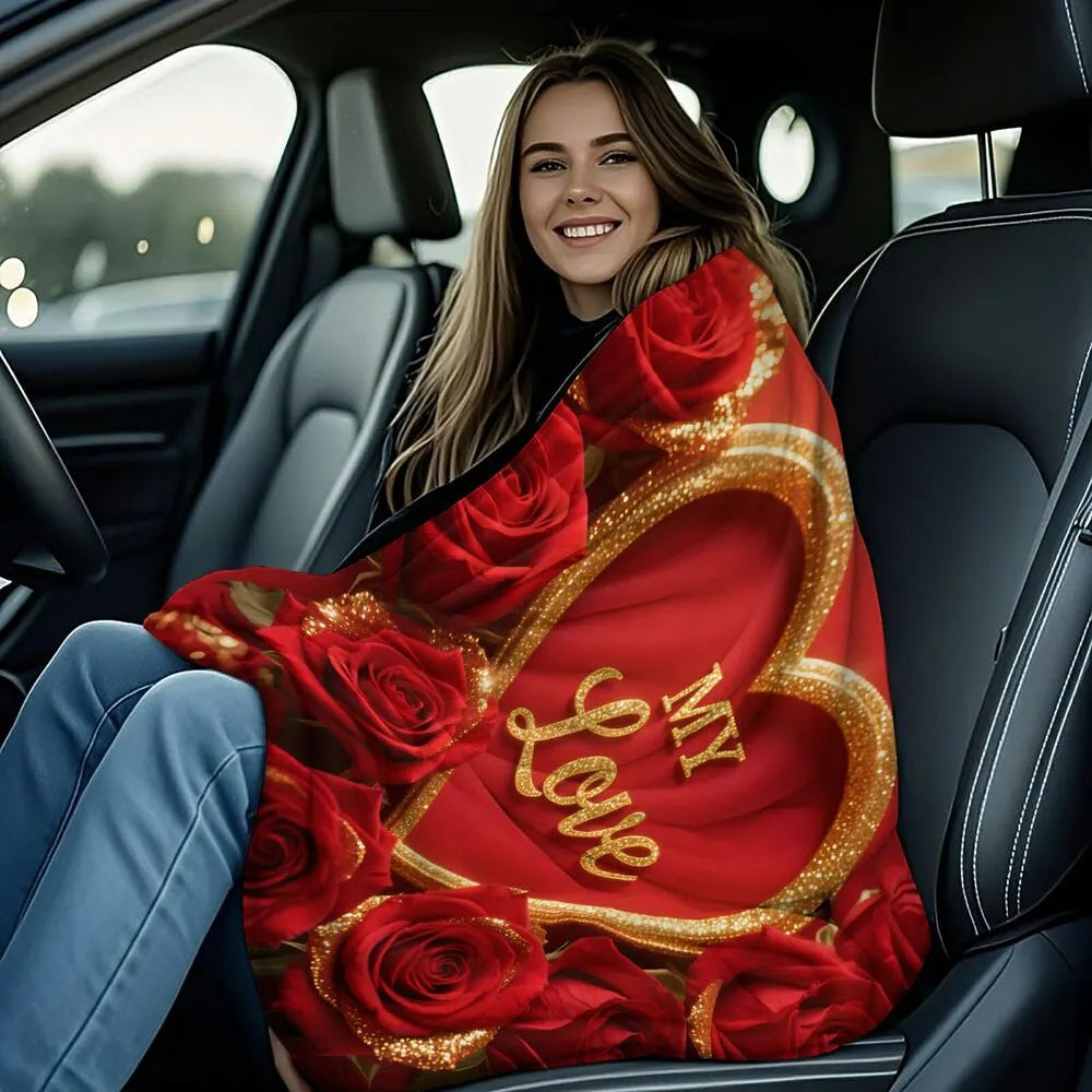 "My Love" Red Rose & Heart Multipurpose Throw Blanket