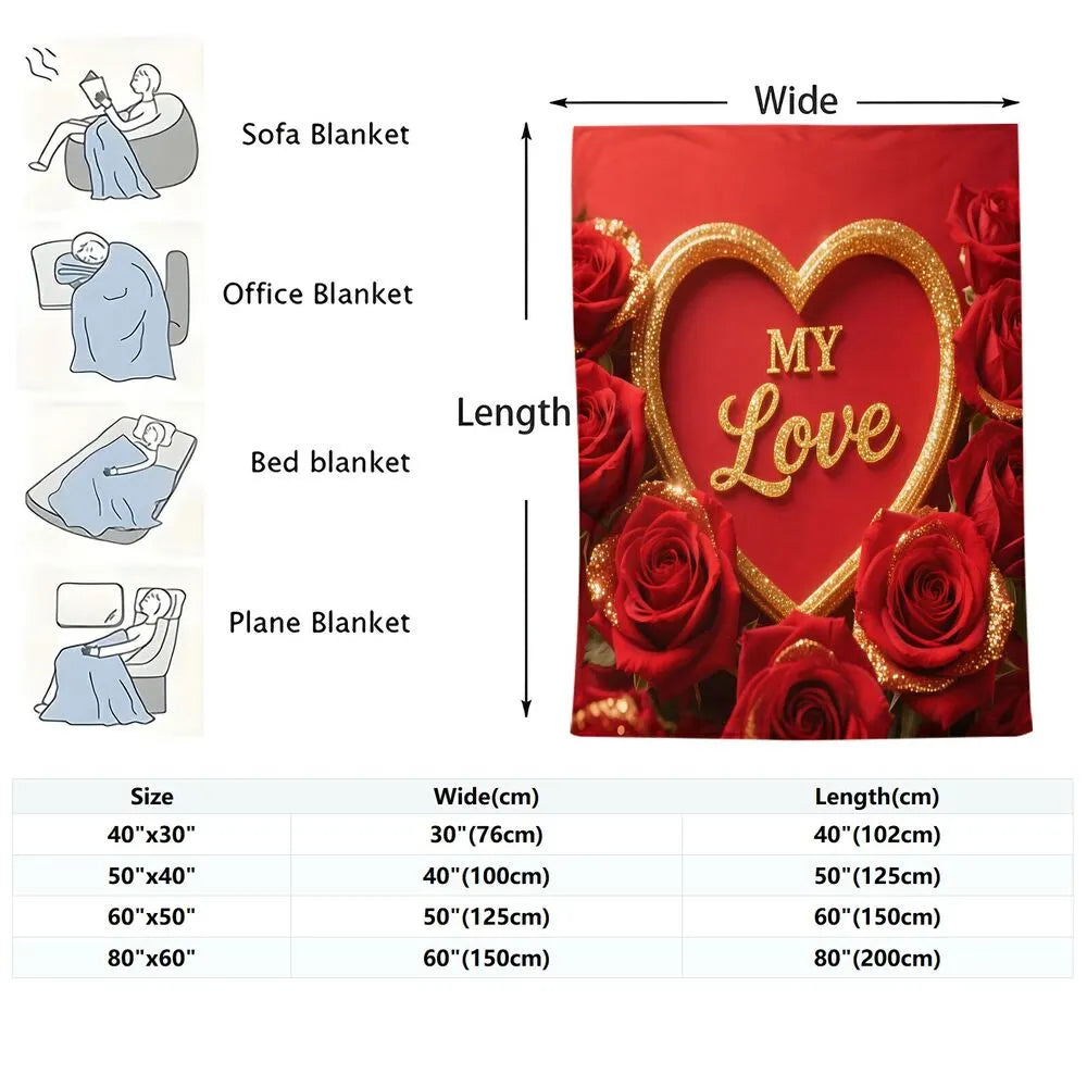 "My Love" Red Rose & Heart Multipurpose Throw Blanket