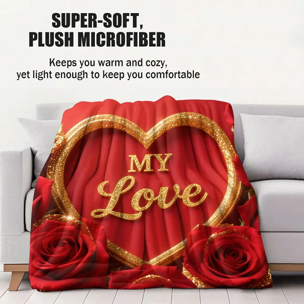 "My Love" Red Rose & Heart Multipurpose Throw Blanket