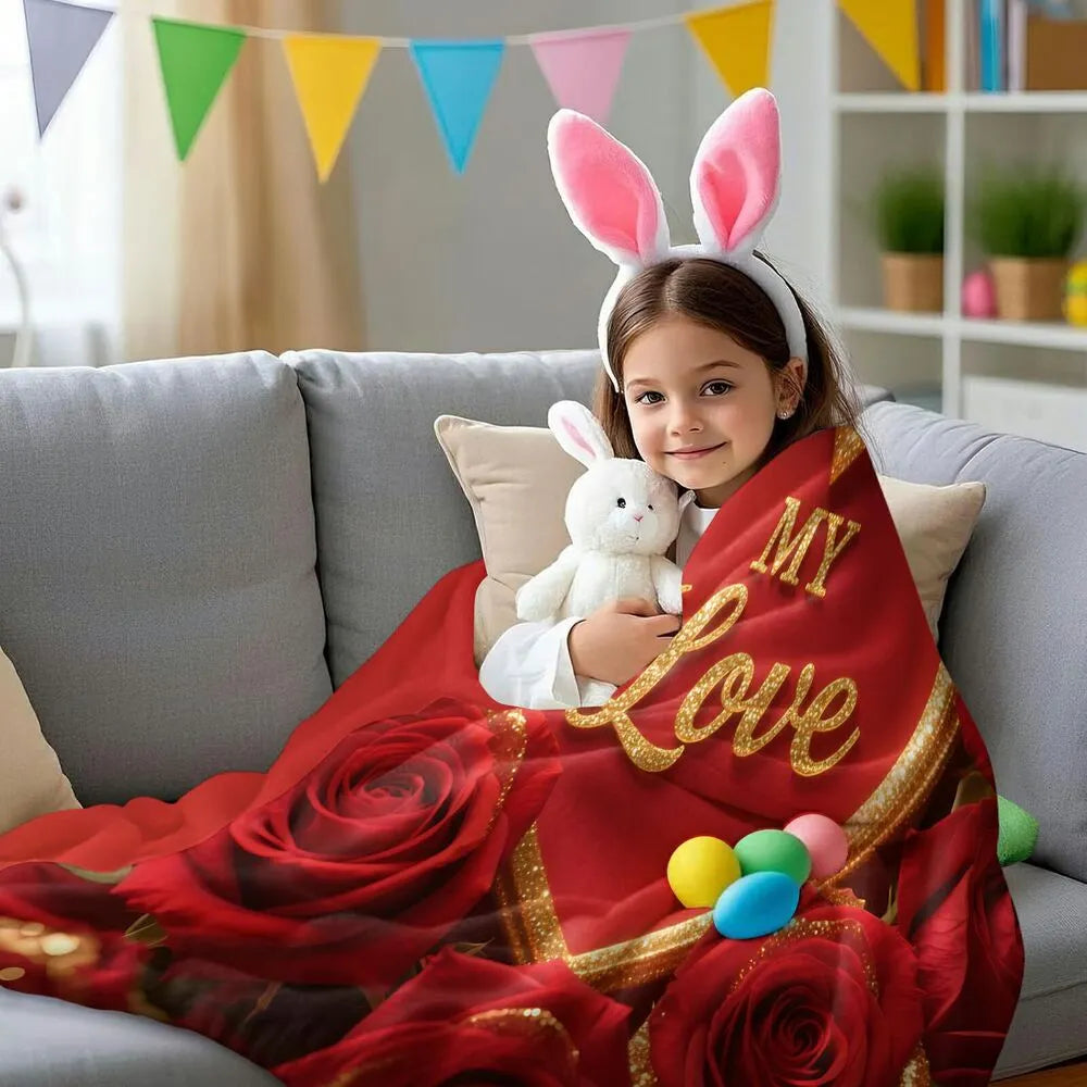 "My Love" Red Rose & Heart Multipurpose Throw Blanket