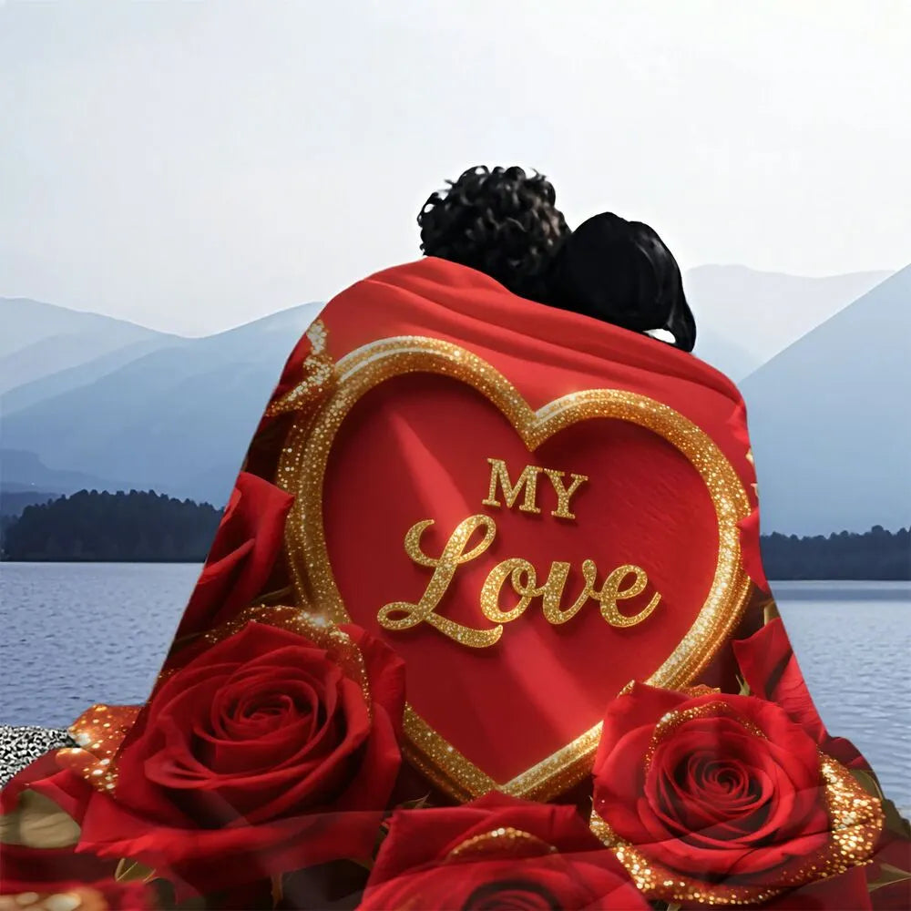 "My Love" Red Rose & Heart Multipurpose Throw Blanket