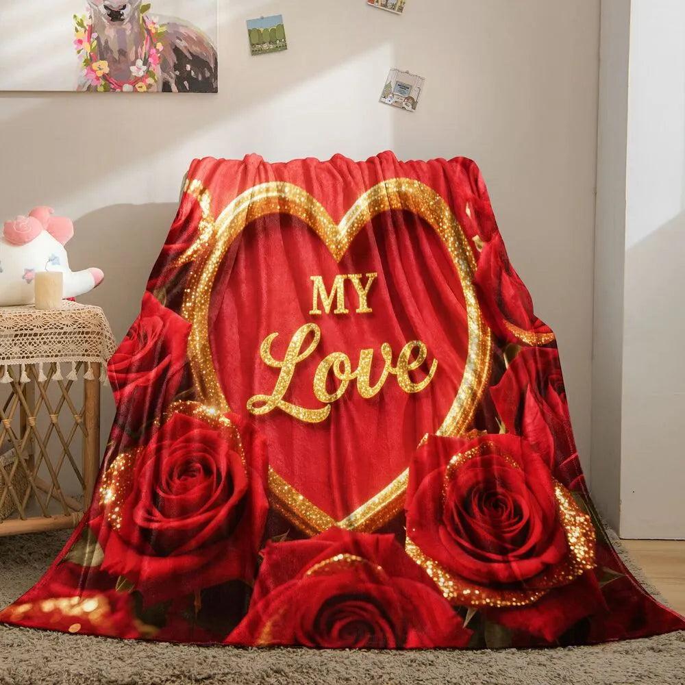 "My Love" Red Rose & Heart Multipurpose Throw Blanket