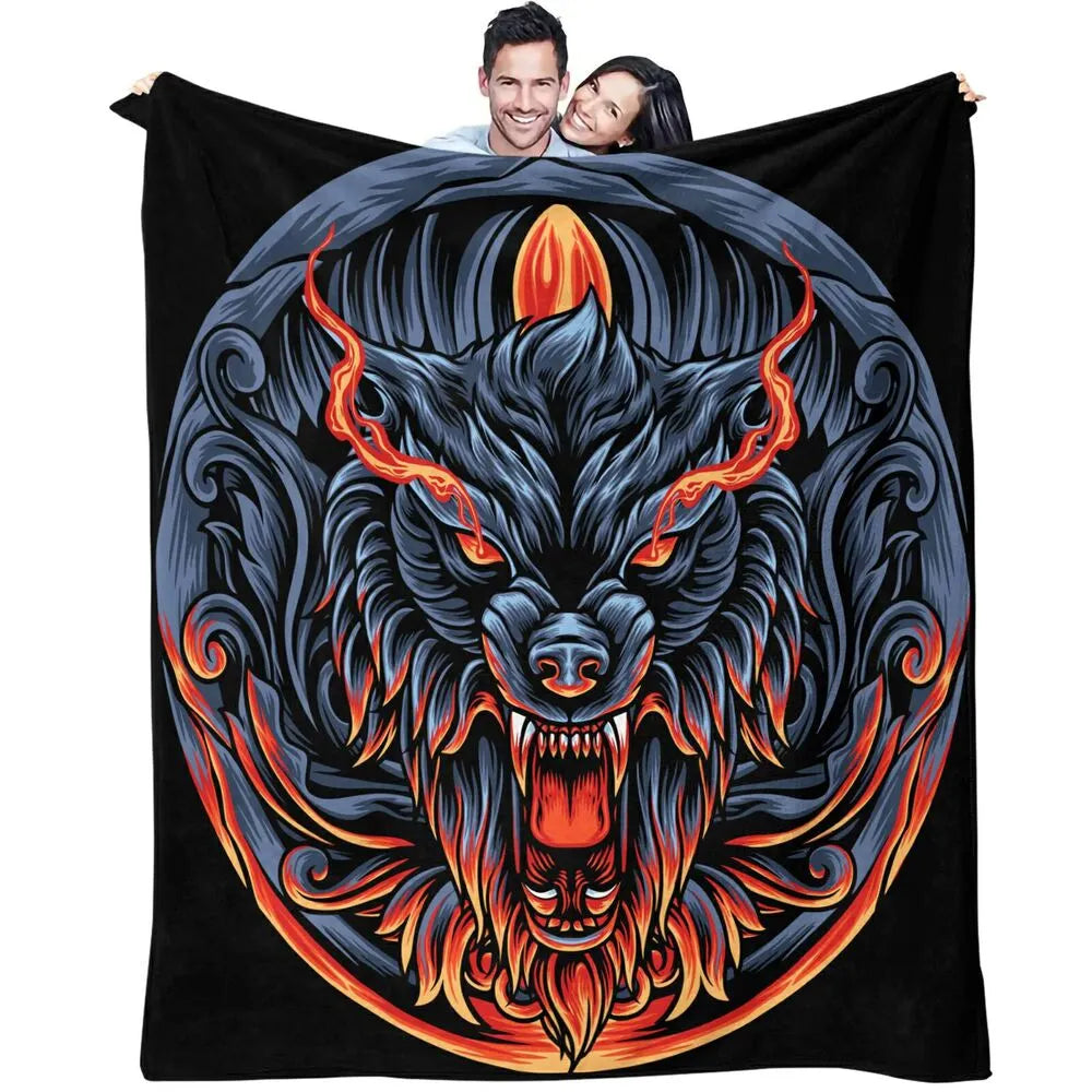 Mythical Flaming Wolf Head Pattern Multipurpose Throw Blanket