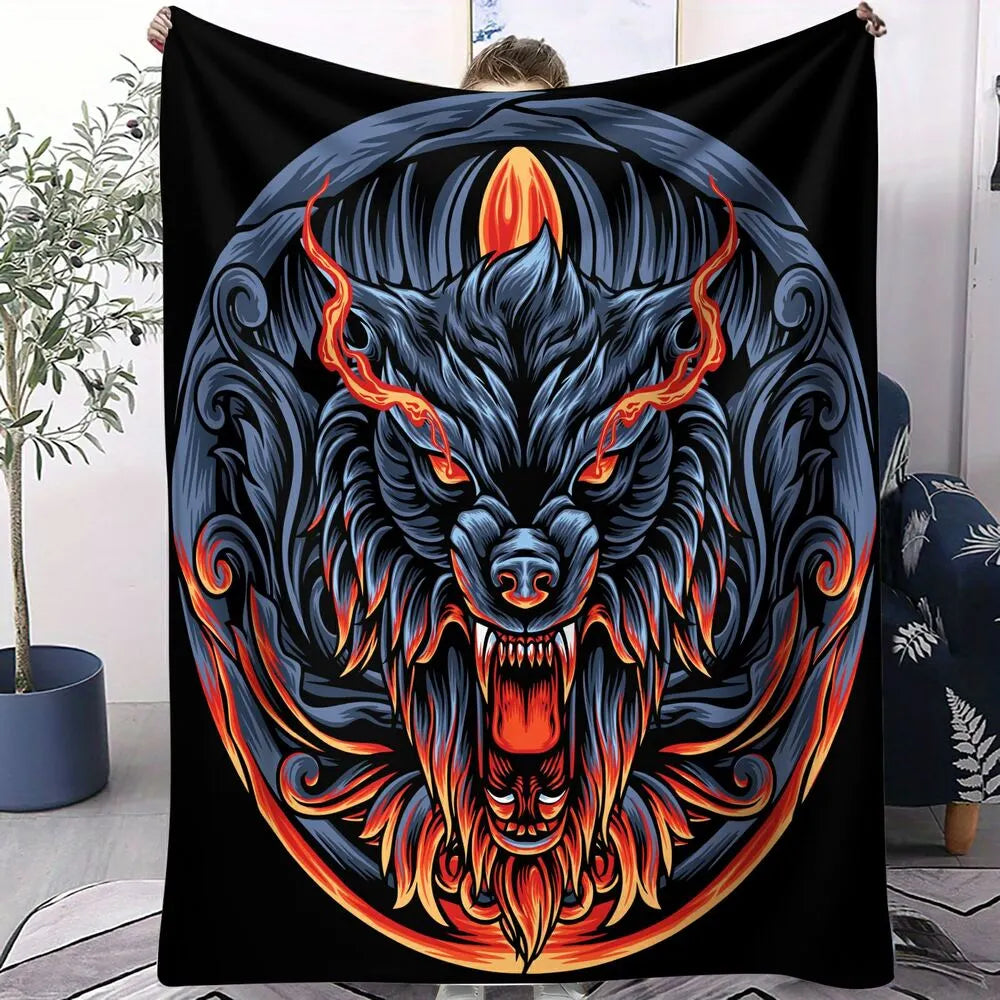 Mythical Flaming Wolf Head Pattern Multipurpose Throw Blanket