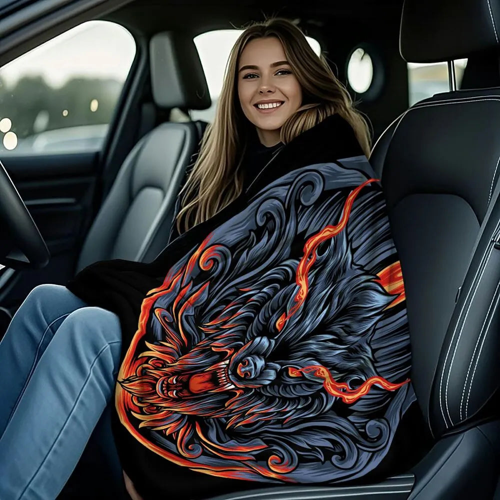 Mythical Flaming Wolf Head Pattern Multipurpose Throw Blanket