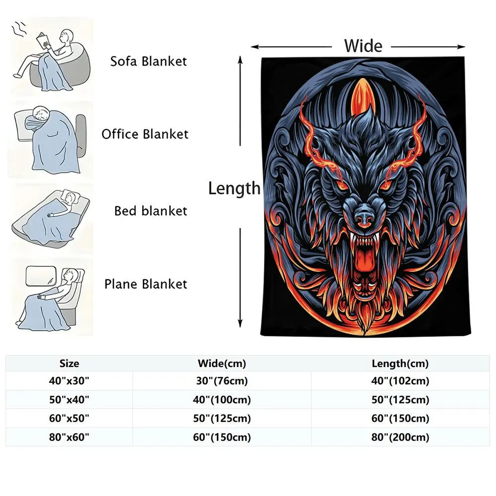 Mythical Flaming Wolf Head Pattern Multipurpose Throw Blanket