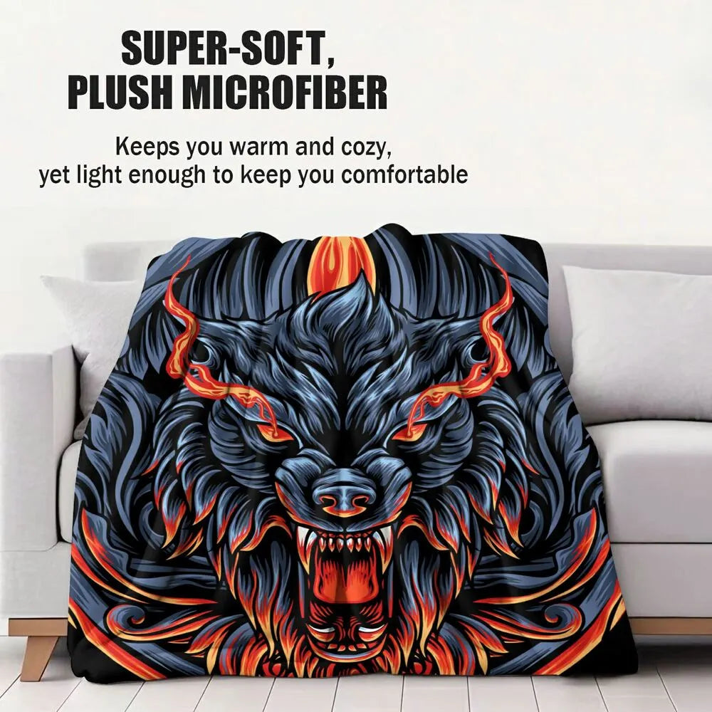Mythical Flaming Wolf Head Pattern Multipurpose Throw Blanket