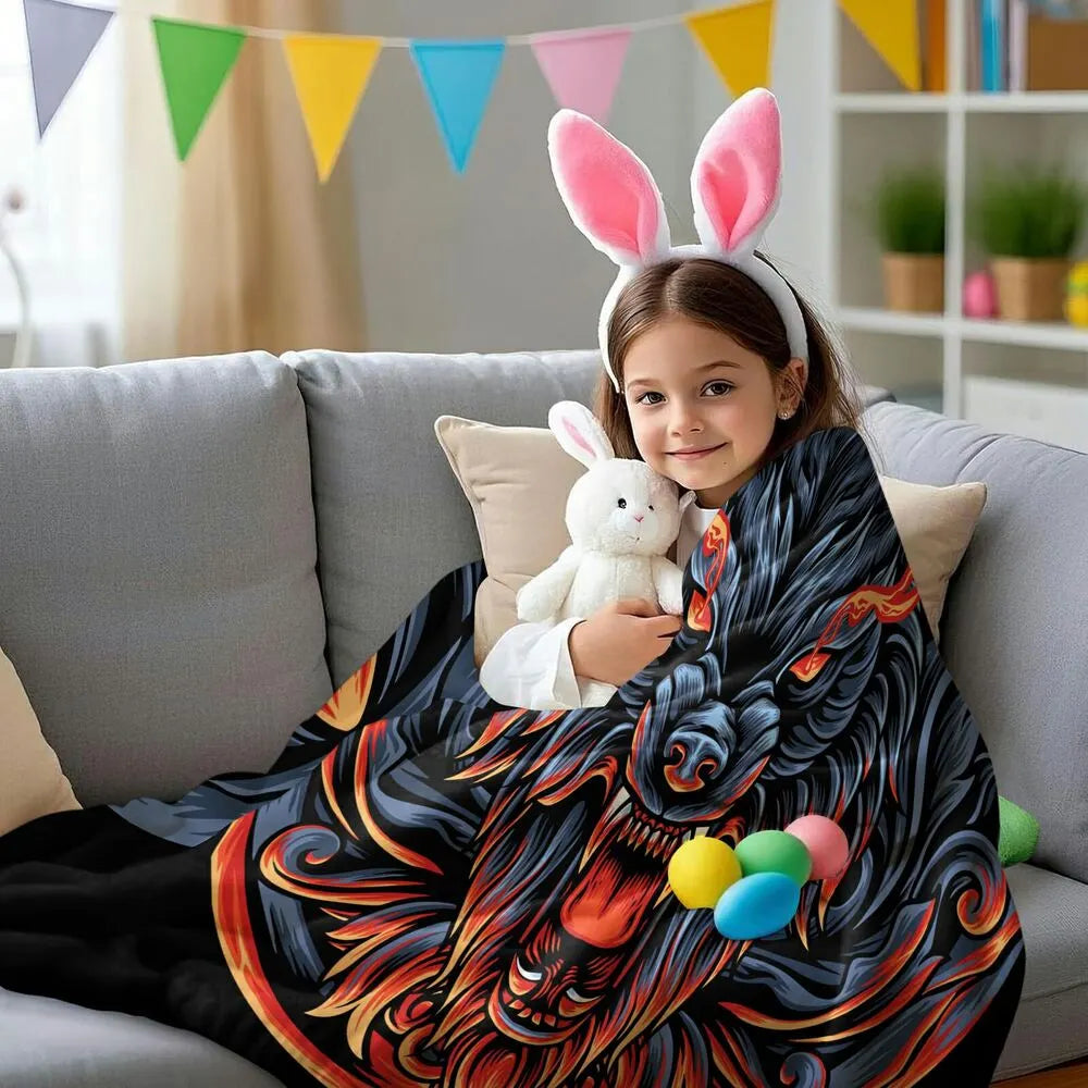 Mythical Flaming Wolf Head Pattern Multipurpose Throw Blanket