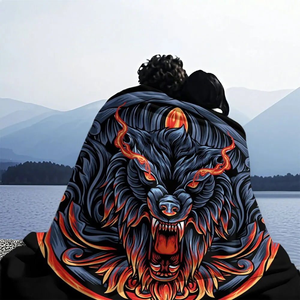 Mythical Flaming Wolf Head Pattern Multipurpose Throw Blanket