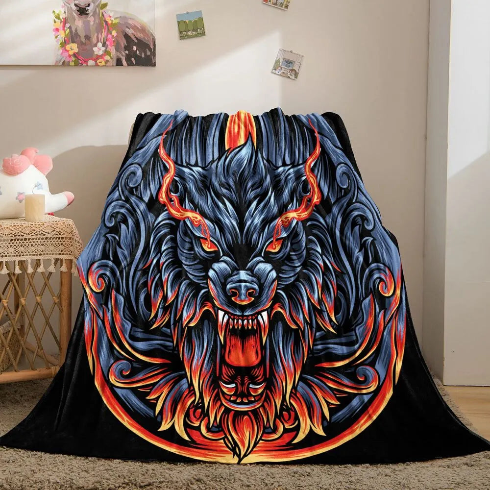 Mythical Flaming Wolf Head Pattern Multipurpose Throw Blanket