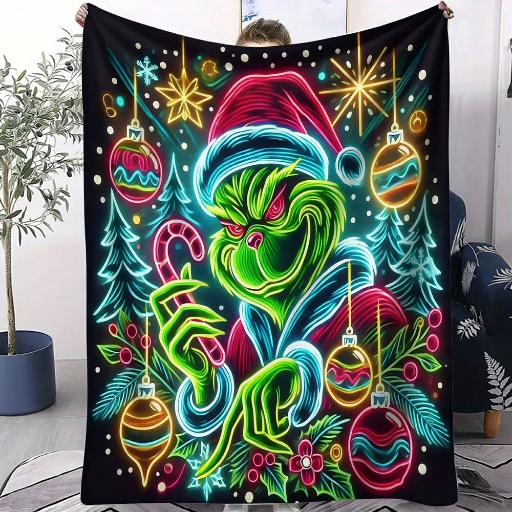 Neon Grinch Christmas Ornaments Pattern Multipurpose Throw Blanket
