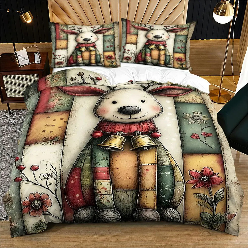 Patchwork Reindeer Christmas Gift Duvet Cover Set Kids Bedding Set