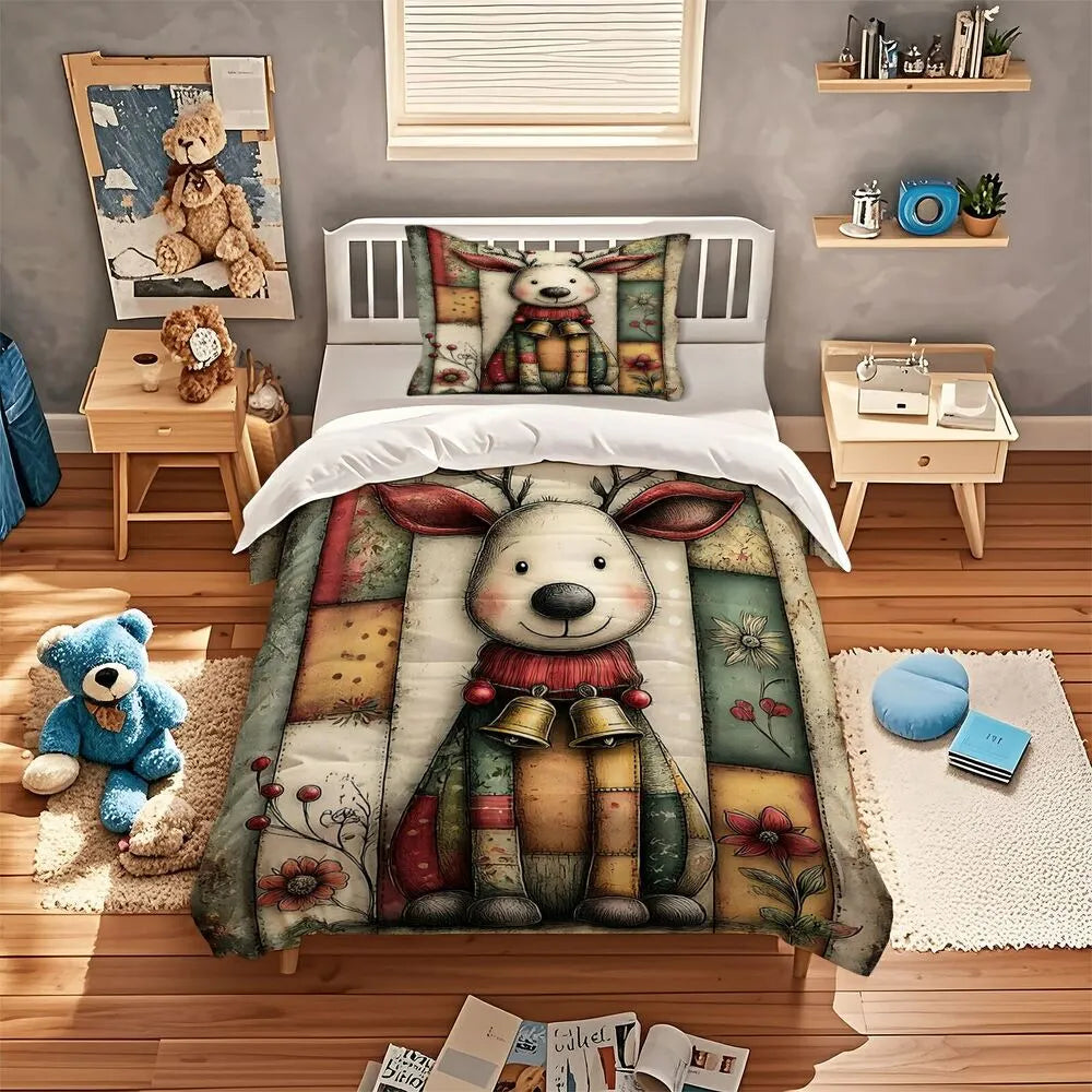 Patchwork Reindeer Christmas Gift Duvet Cover Set Kids Bedding Set