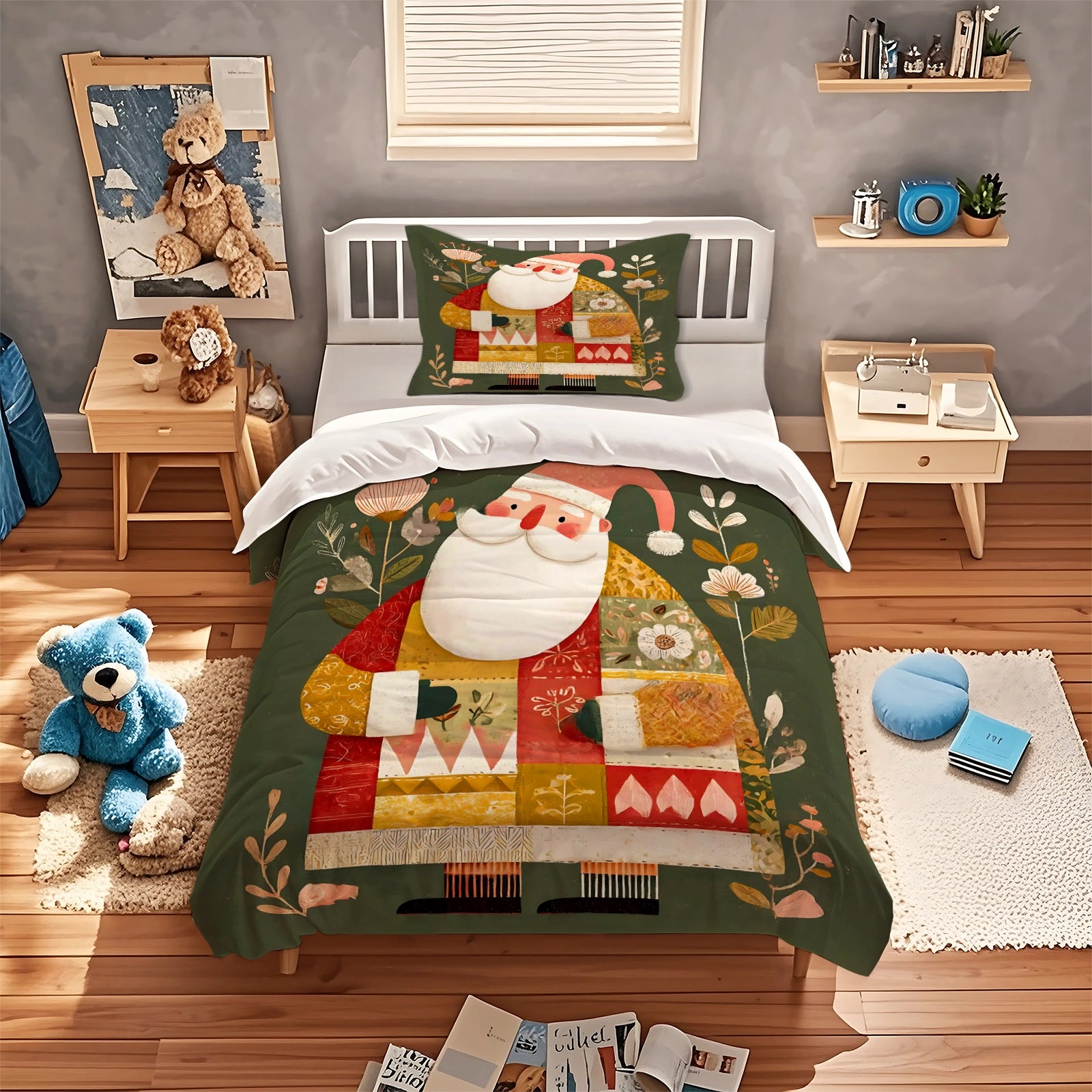 Patchwork Santa Christmas Gift Duvet Cover Set Kids Bedding Set