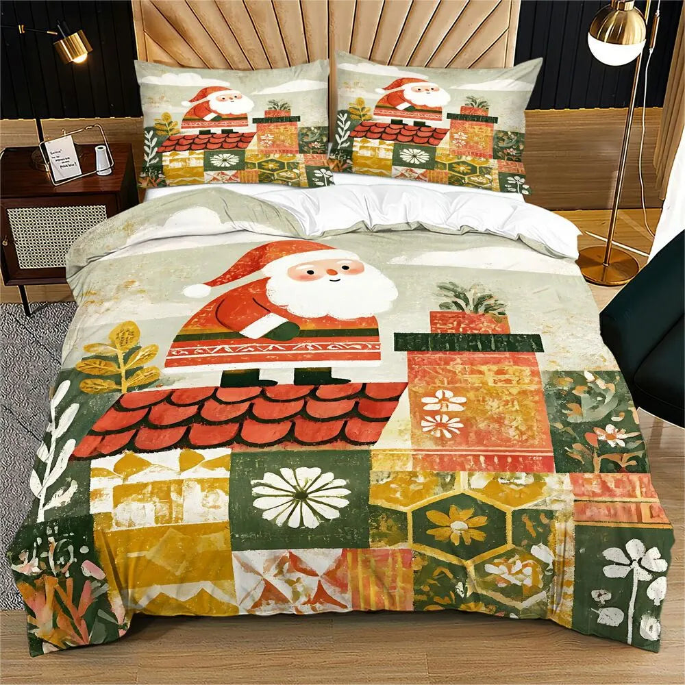 Patchwork Santa Rooftop Christmas Gift Duvet Cover Set Kids Bedding Set