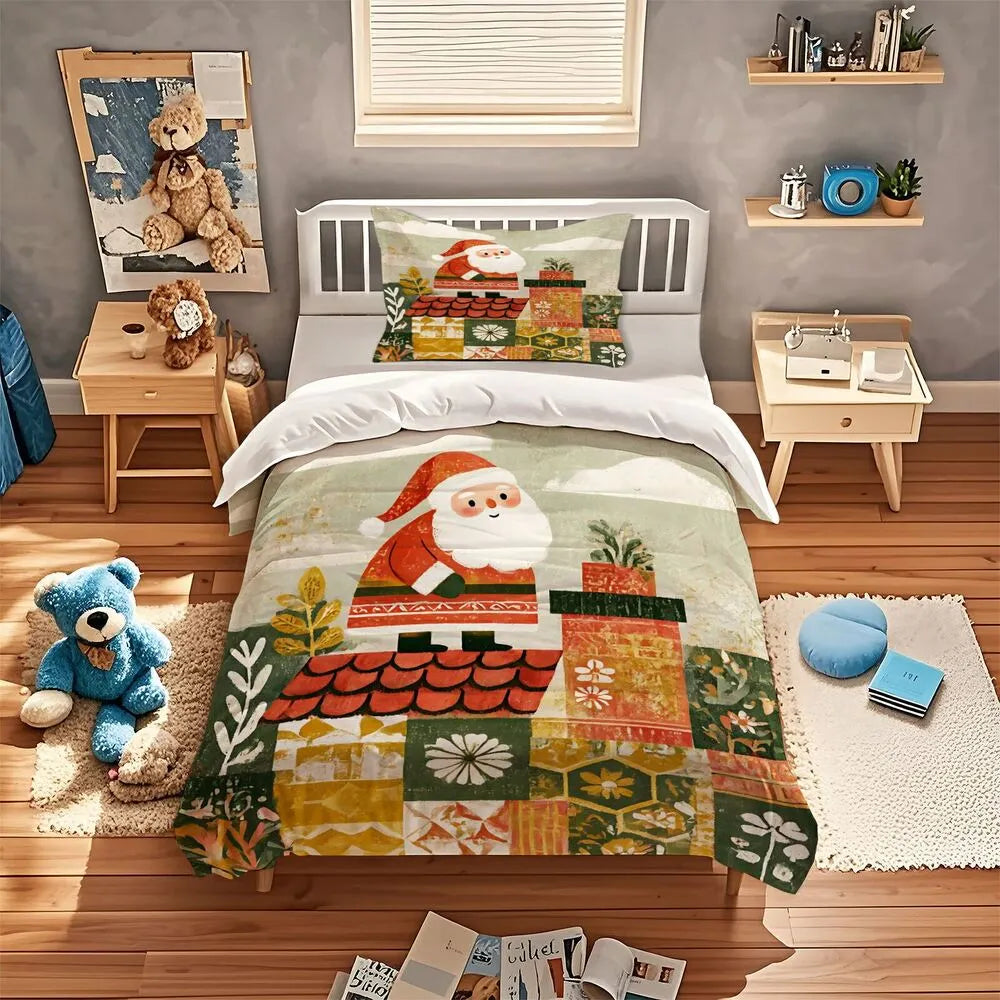 Patchwork Santa Rooftop Christmas Gift Duvet Cover Set Kids Bedding Set