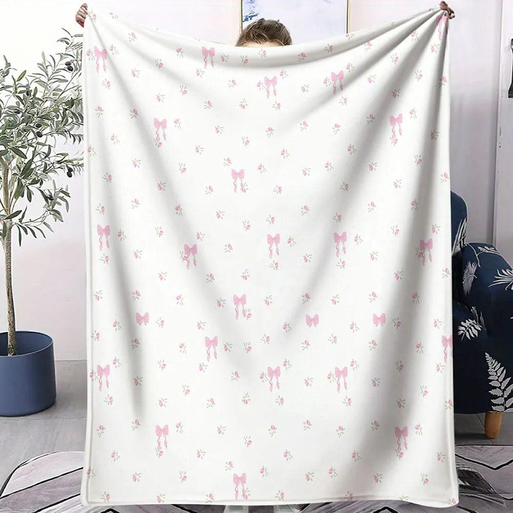 Pink Bow and Floral Pattern Multipurpose Throw Blanket