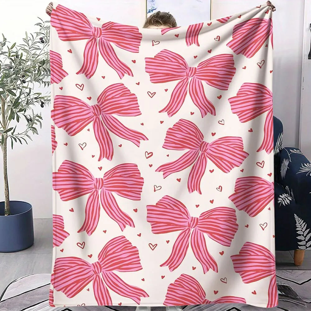 Pink Bow and Heart Pattern Multipurpose Throw Blanket