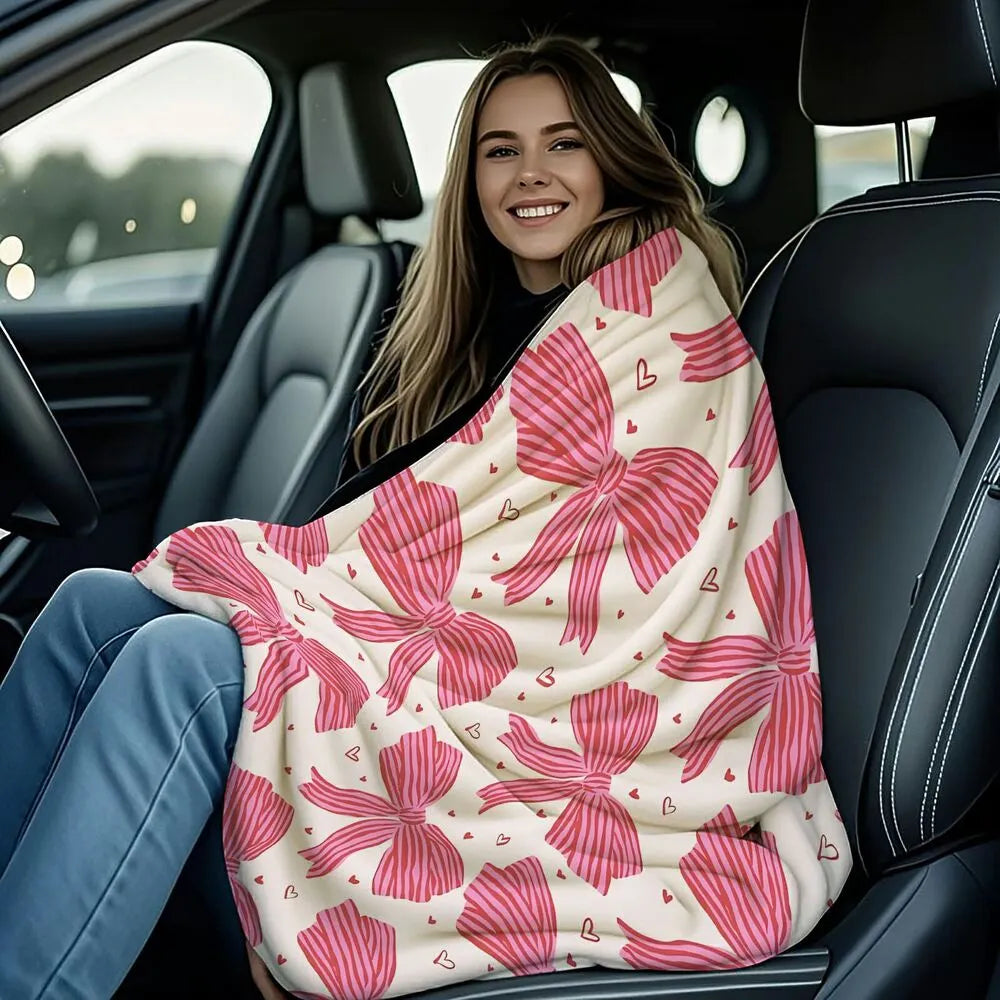 Pink Bow and Heart Pattern Multipurpose Throw Blanket