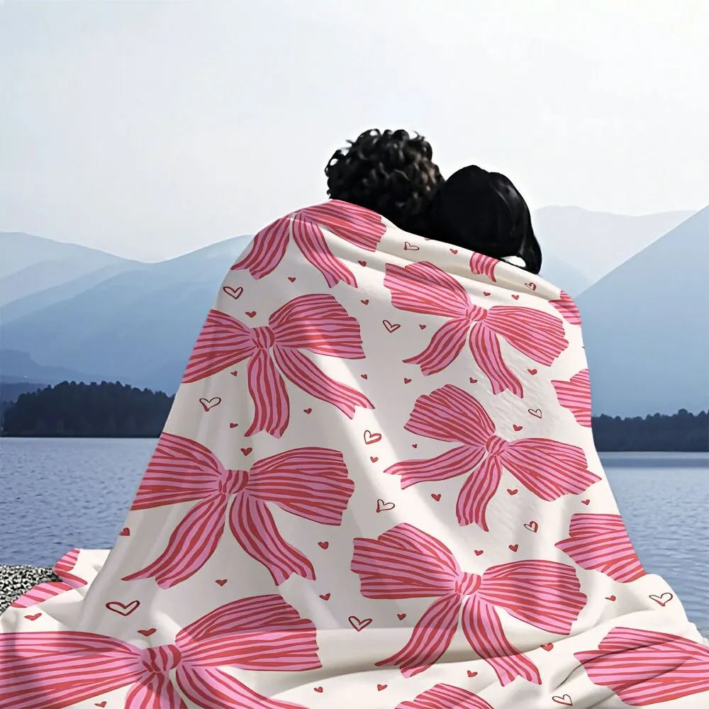 Pink Bow and Heart Pattern Multipurpose Throw Blanket