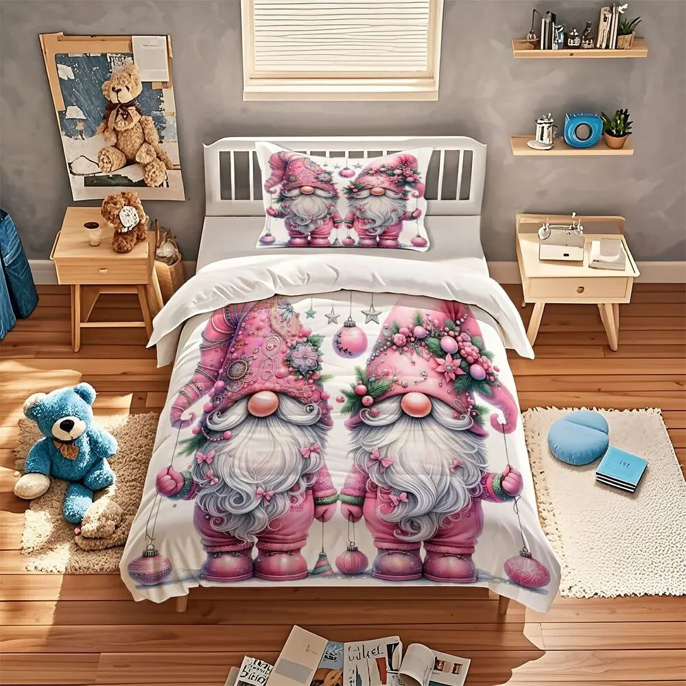 Pink Christmas Gnomes Christmas Gift Duvet Cover Set Kids Bedding Set