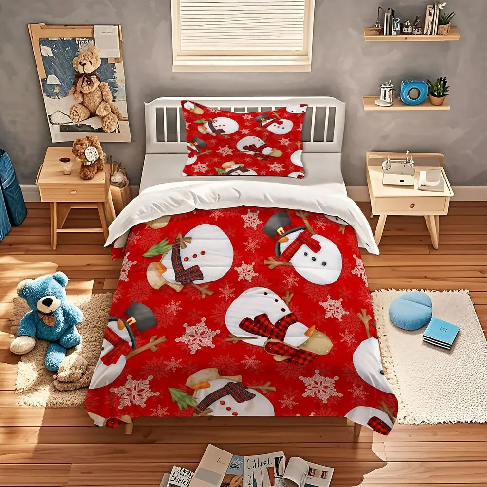 Plaid Snowman Christmas Gift Duvet Cover Set Kids Bedding Set